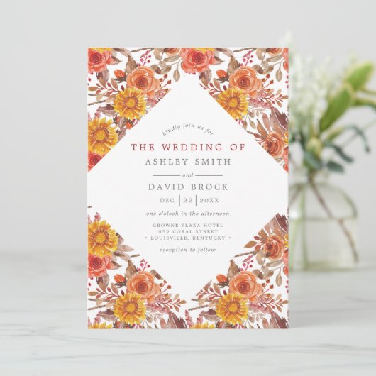 Rustikale Watercolor Herbstblütenhochzeit Einladung (Stehend Vorderseite)