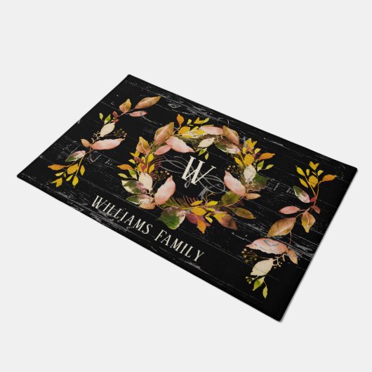 Rustikale Watercolor Herbstkleid Schwarz Fußmatte (Schrägansicht)