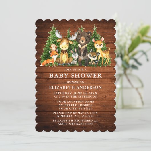 Rustikale Watercolor Woodland Animals Holzdusche Einladung (Stehend Vorderseite)