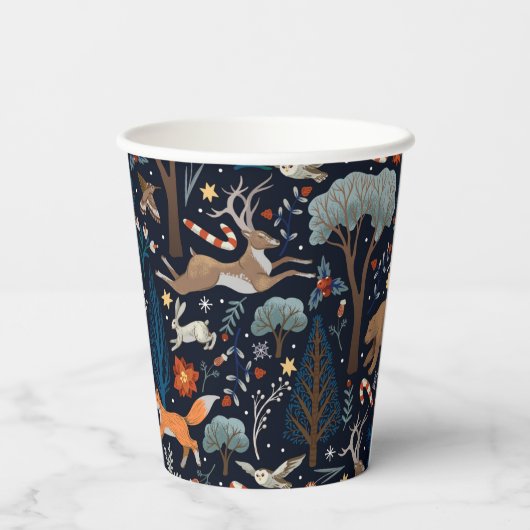 Rustikale Watercolor Woodland Tiere Bäume Weihnach Pappbecher (Rückseite)