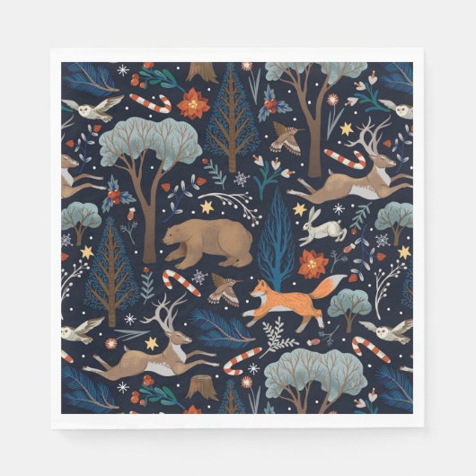 Rustikale Watercolor Woodland Tiere Bäume Weihnach Serviette (Vorderseite)