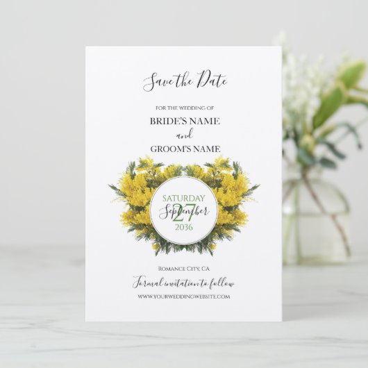 Rustikale Wattle Acacia Wedding rettet das Datum Save The Date (Stehend Vorderseite)