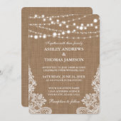 Rustikale Wedding Burlap String Lights Lace Card R Einladung (Vorne/Hinten)