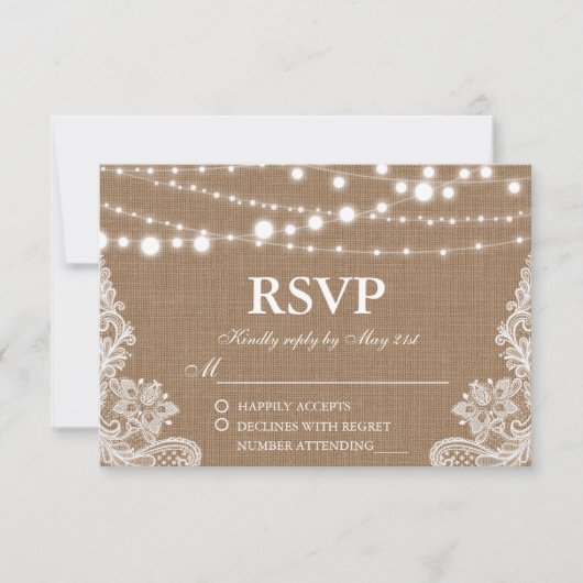 Rustikale Wedding Burlap String Lights Lace RSVP K (Vorderseite)