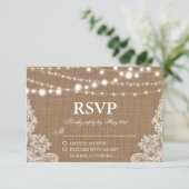 Rustikale Wedding Burlap String Lights Lace RSVP K Karte (Stehend Vorderseite)