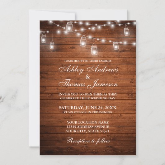 Rustikale Wedding Wood Jar String Lights Einladung (Vorderseite)