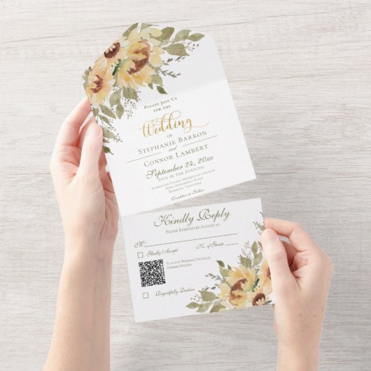Rustikale weiche Gelbblüten QR-Code All In One Einladung (Abreißen)