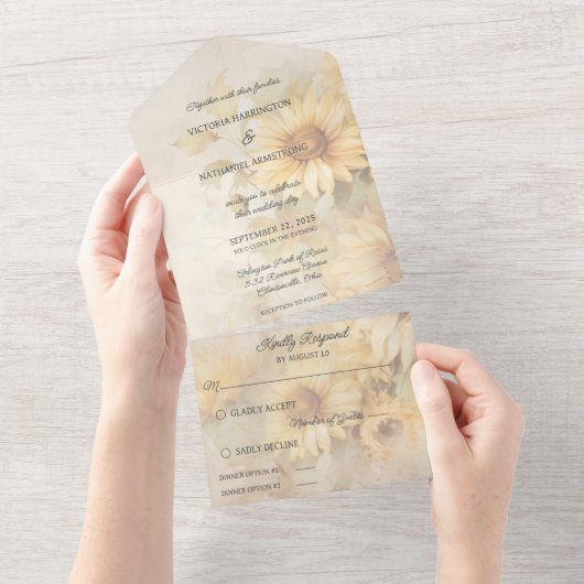 Rustikale weiche goldene Sonnenblumen All In One Einladung (Abreißen)