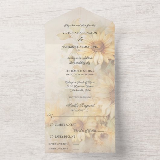 Rustikale weiche goldene Sonnenblumen All In One Einladung (Innen Boden)