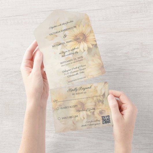 Rustikale weiche goldene Sonnenblumen QR-Code All In One Einladung (Abreißen)