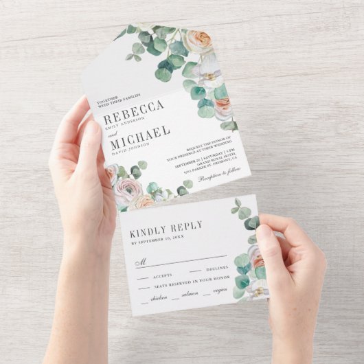 Rustikale weiche Rose Eukalyptus Foliage All In One Einladung (Abreißen)