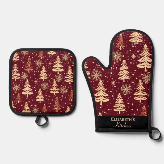 Rustikale Weihnachten Evergreen Trees Red and Gold Ofenhandschuh & Topflappen-Set (Vorderseite)