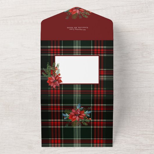 Rustikale Weihnachten Kariert mit Poinsettia und P All In One Einladung (Außenbereich)