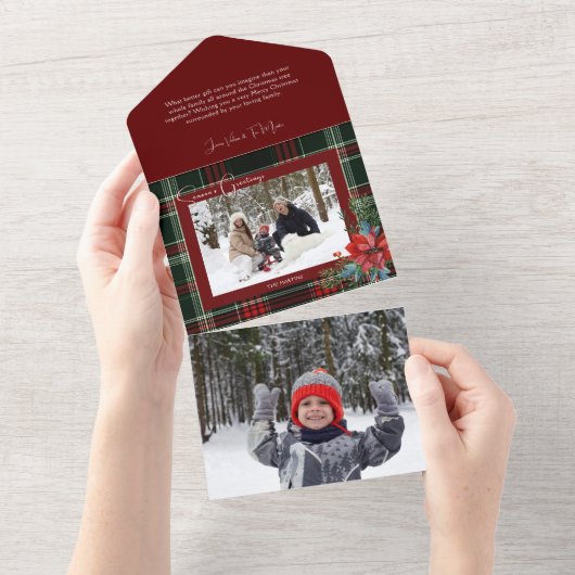 Rustikale Weihnachten Kariert mit Poinsettia und P All In One Einladung (Abreißen)