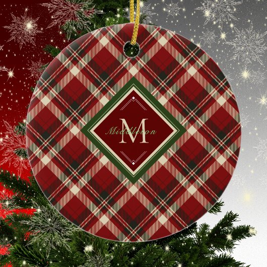 Rustikale Weihnachten Kariert Red Monogram Name Ho Keramik Ornament