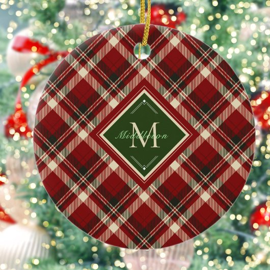Rustikale Weihnachten Karierte grüne Monogram Name Keramik Ornament