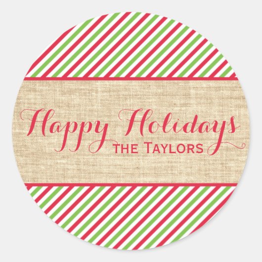Rustikale Weihnachten Rote Streifen Geschenk-Tag Runder Aufkleber (Vorderseite)