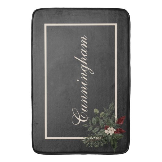 Rustikale Weihnachten Schwarz und Creme Name Pine Badematte (Vorderseite Vertikal)