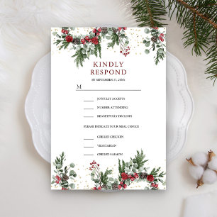 Rustikale Weihnachts-Hochzeit mit roten Blumen im RSVP Karte