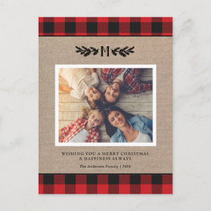 Rustikale Weihnachts-Kariert Monogramm-Foto-Feiert Postkarte