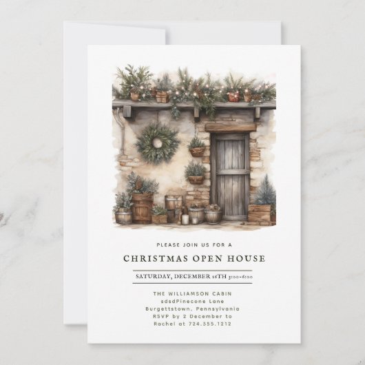 Rustikale Weihnachts-Open-House-Hütte Einladung (Vorderseite)