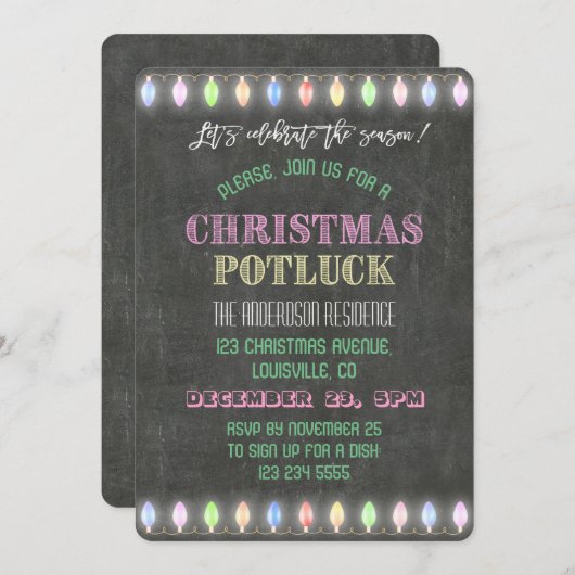 Rustikale Weihnachts Potluck Chalkboard String Lig Einladung (Vorne/Hinten)