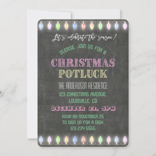 Rustikale Weihnachts Potluck Chalkboard String Lig Einladung (Vorderseite)