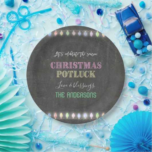 Rustikale Weihnachts Potluck Chalkboard String Lig Pappteller (Party)