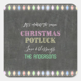 Rustikale Weihnachts Potluck Chalkboard String Lig Quadratischer Aufkleber