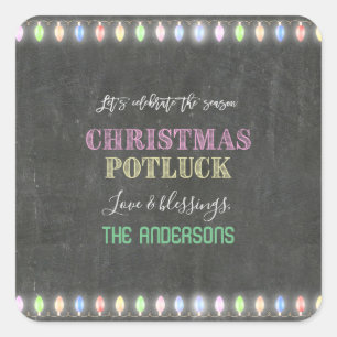 Rustikale Weihnachts Potluck Chalkboard String Lig Quadratischer Aufkleber