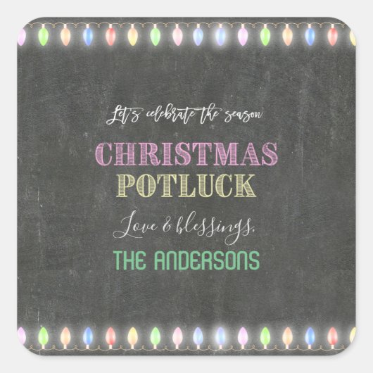 Rustikale Weihnachts Potluck Chalkboard String Lig Quadratischer Aufkleber (Vorderseite)
