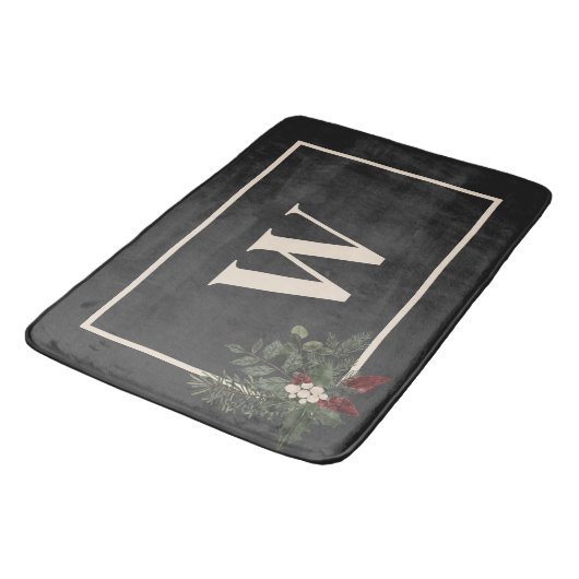 Rustikale Weihnachts-Schwarz-Creme-Monogramm-Pine Badematte (Schrägansicht)