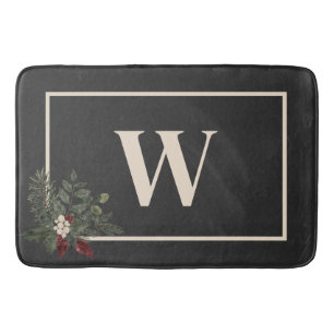 Rustikale Weihnachts-Schwarz-Creme-Monogramm-Pine Badematte