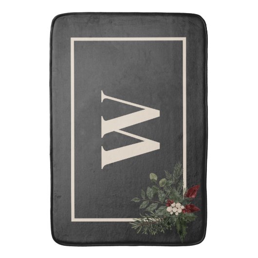 Rustikale Weihnachts-Schwarz-Creme-Monogramm-Pine Badematte (Vorderseite Vertikal)