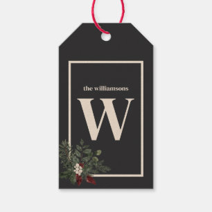 Rustikale Weihnachts-Schwarz-Creme-Monogramm-Pine Geschenkanhänger