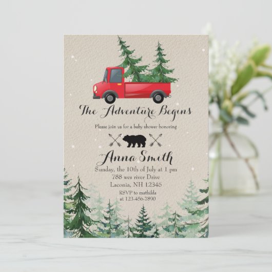 Rustikale Weihnachtsbaum-Babyparty-Einladung Einladung (Stehend Vorderseite)