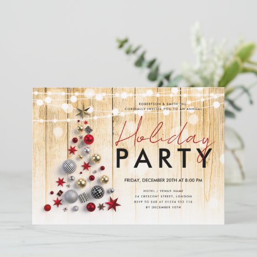 Rustikale Weihnachtsbaum-Lichter Einladung (Stehend Vorderseite)