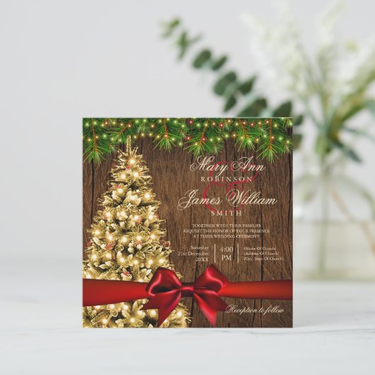 Rustikale Weihnachtsbaum, Lichter & Rotes Band Einladung (Stehend Vorderseite)