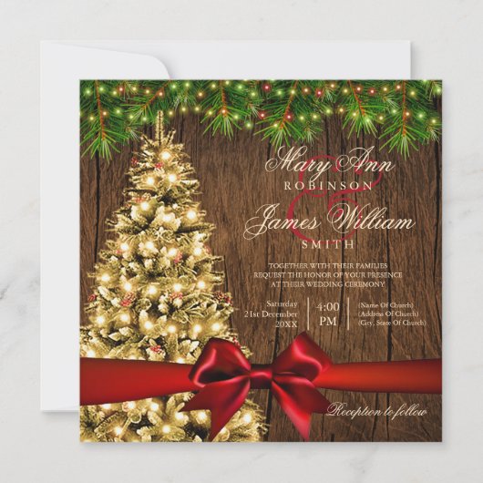 Rustikale Weihnachtsbaum, Lichter & Rotes Band Einladung (Vorderseite)