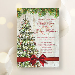 Rustikale Weihnachtsbaum, Lichter & Rotes Band Einladung