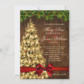 Rustikale Weihnachtsbaum, Lichter & Rotes Band Einladung (Vorderseite)