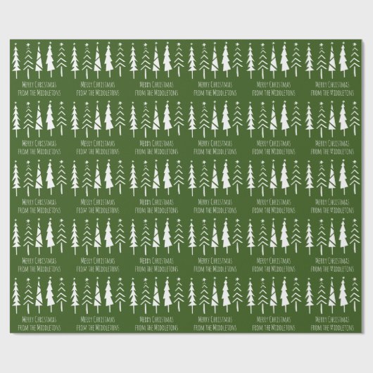 Rustikale Weihnachtsbäume auf grünem Personalisier Geschenkpapier (Flach)