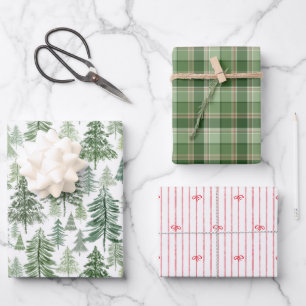 Rustikale Weihnachtsbäume Karo und rote Schleifen Geschenkpapier Set