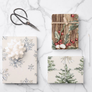 Rustikale Weihnachtsbäume Schneeflocken Geschenkpapier Set