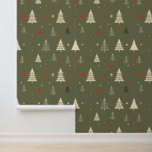 Rustikale Weihnachtsbäume und Schneeflocken Tapete