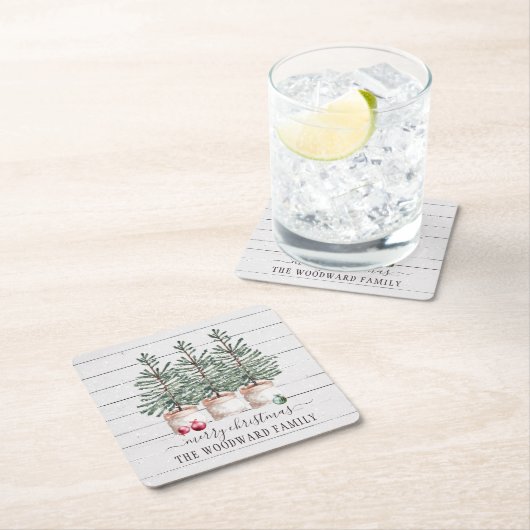 Rustikale Weihnachtsbaumen Familienname Rechteckiger Pappuntersetzer (Vor Ort)