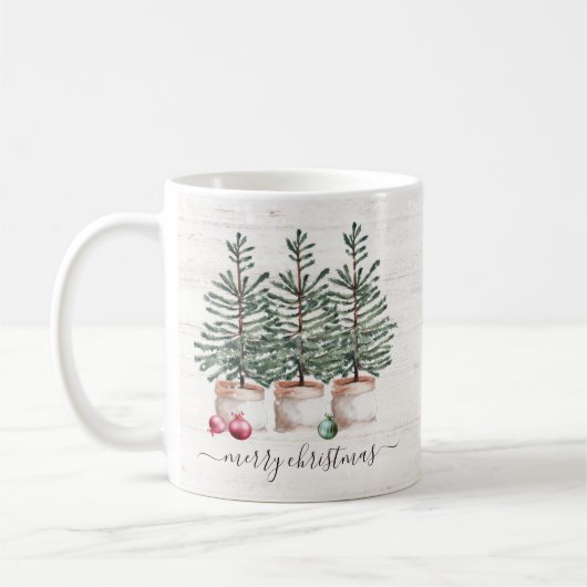 Rustikale Weihnachtsbaumen Frohe Weihnachten Kaffeetasse (Links)