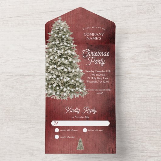 Rustikale Weihnachtsbaumfirma Party Holiday Red All In One Einladung (Innen Boden)