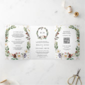 Rustikale Weihnachtsblumenmonogramm QR-Code Hochze Dreifach Gefaltete Einladung (Innenseite)