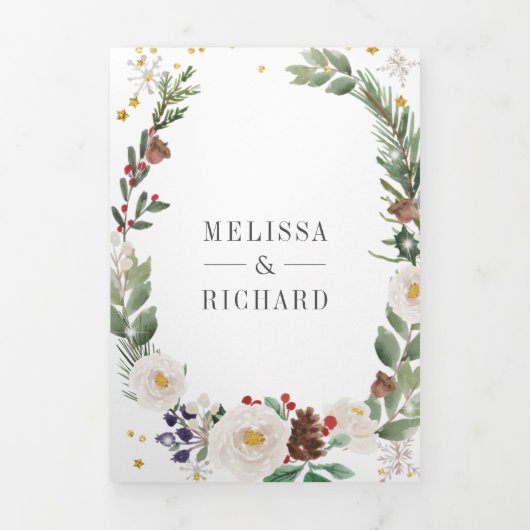 Rustikale Weihnachtsblumenmonogramm QR-Code Hochze Dreifach Gefaltete Einladung (Cover)